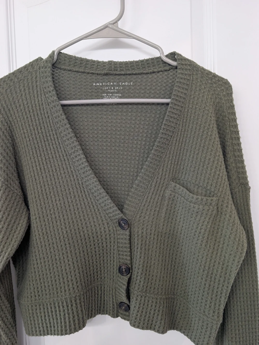 American Eagle Outfitters Olive Green Waffle-Knit Cropped Cardigan